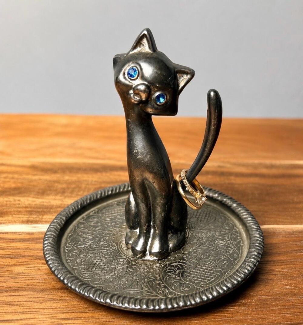 Vintage Silver Plated Cat Ring Holder, Blue Rhinestone Eyes, Mid Century Vanity